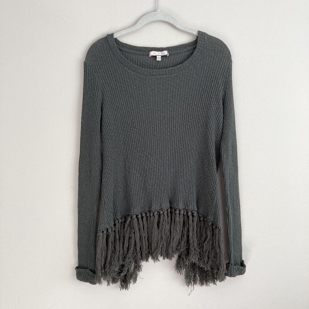 Eri Ali Anthropologie Womens Large Sweater Malla Open Back Fringe Tassel Green